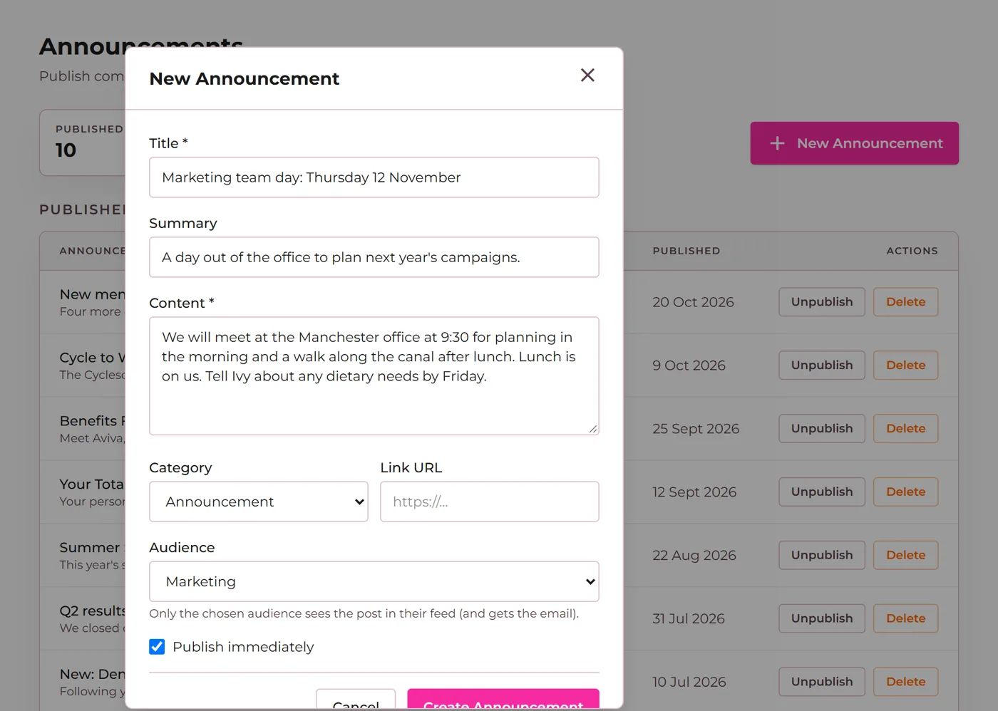 An admin publishes an announcement to one department