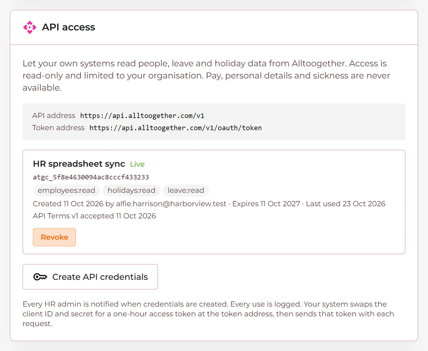 API credentials in the admin portal settings
