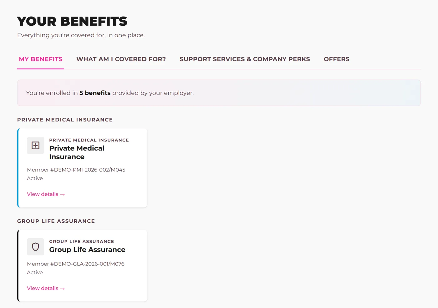 The Benefits page in the employee app, listing a demonstration company's policies