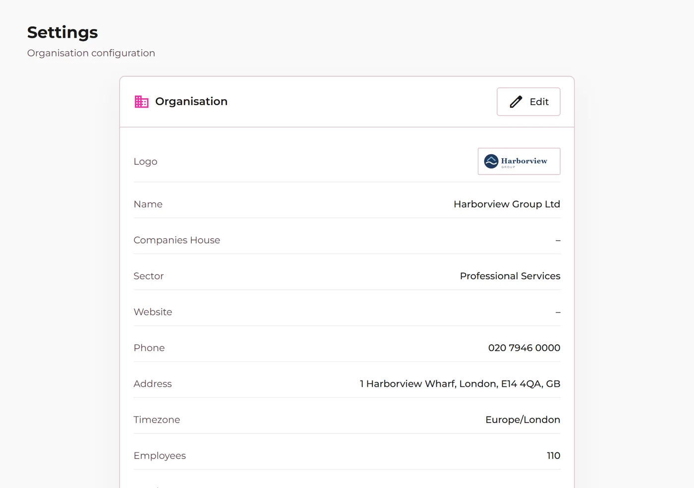 Organisation settings with the company logo