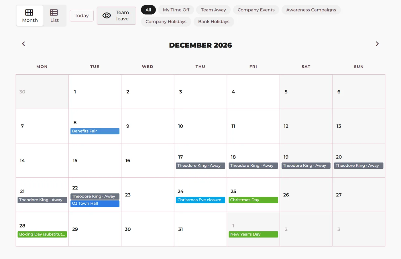 The company calendar with a closure day and the team-away view