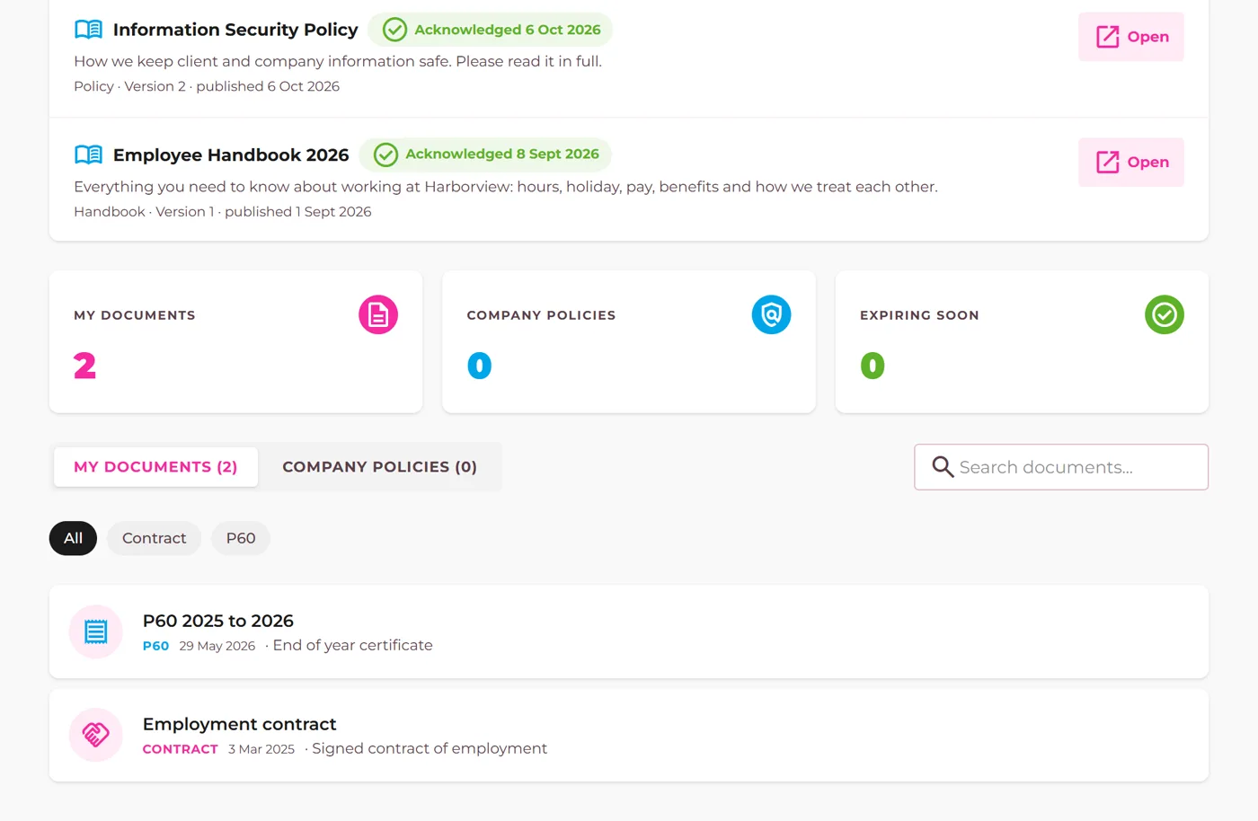 The documents hub listing policy documents and a personal document