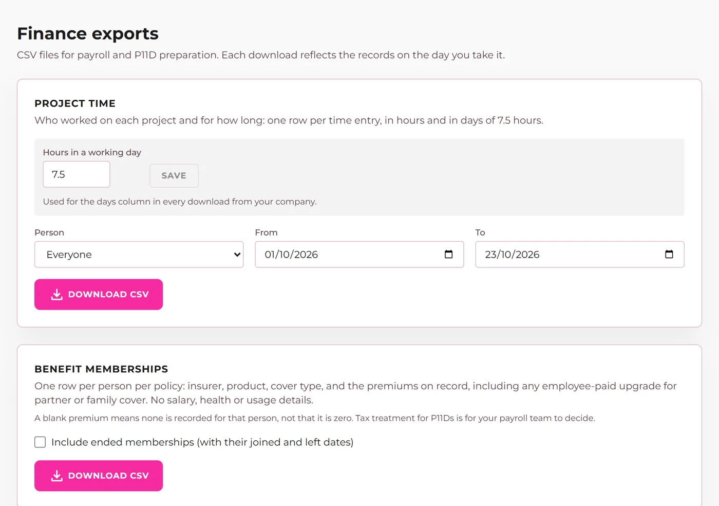 The Finance page with time and benefit exports