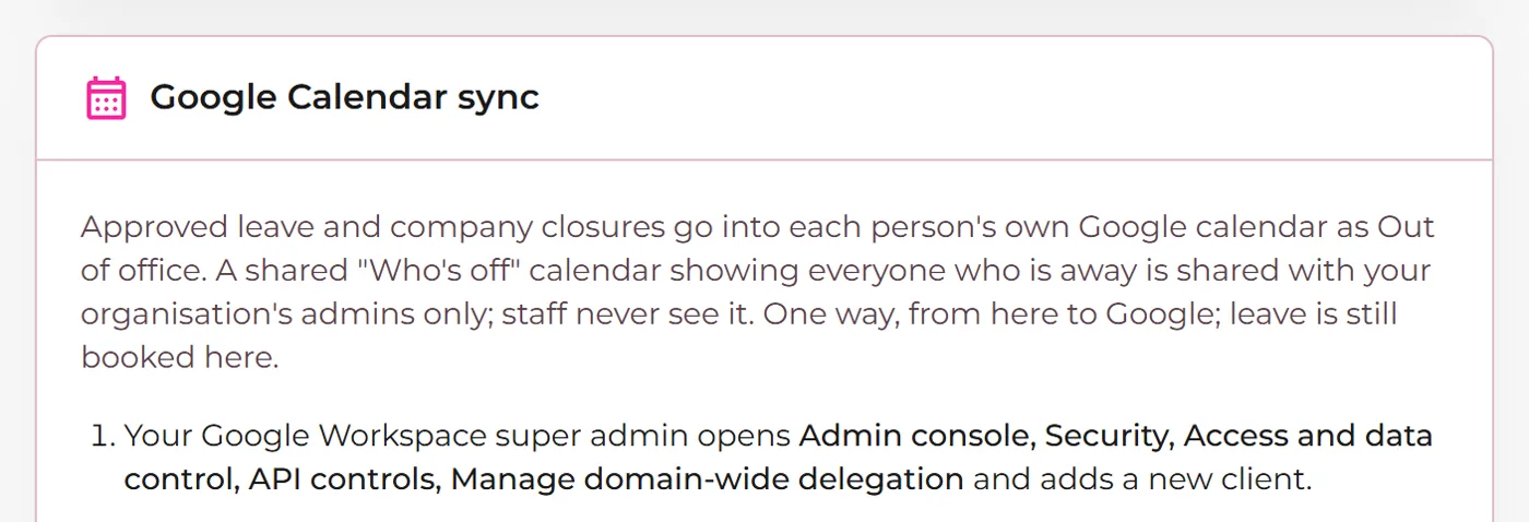 The Google Calendar setting in the admin portal