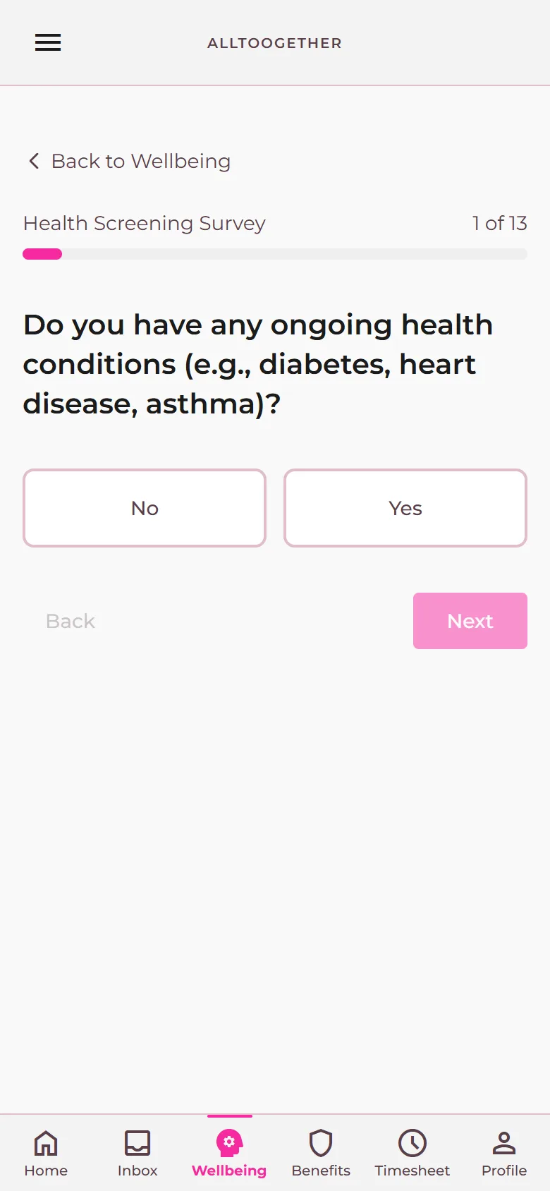 The optional health check-in on a phone
