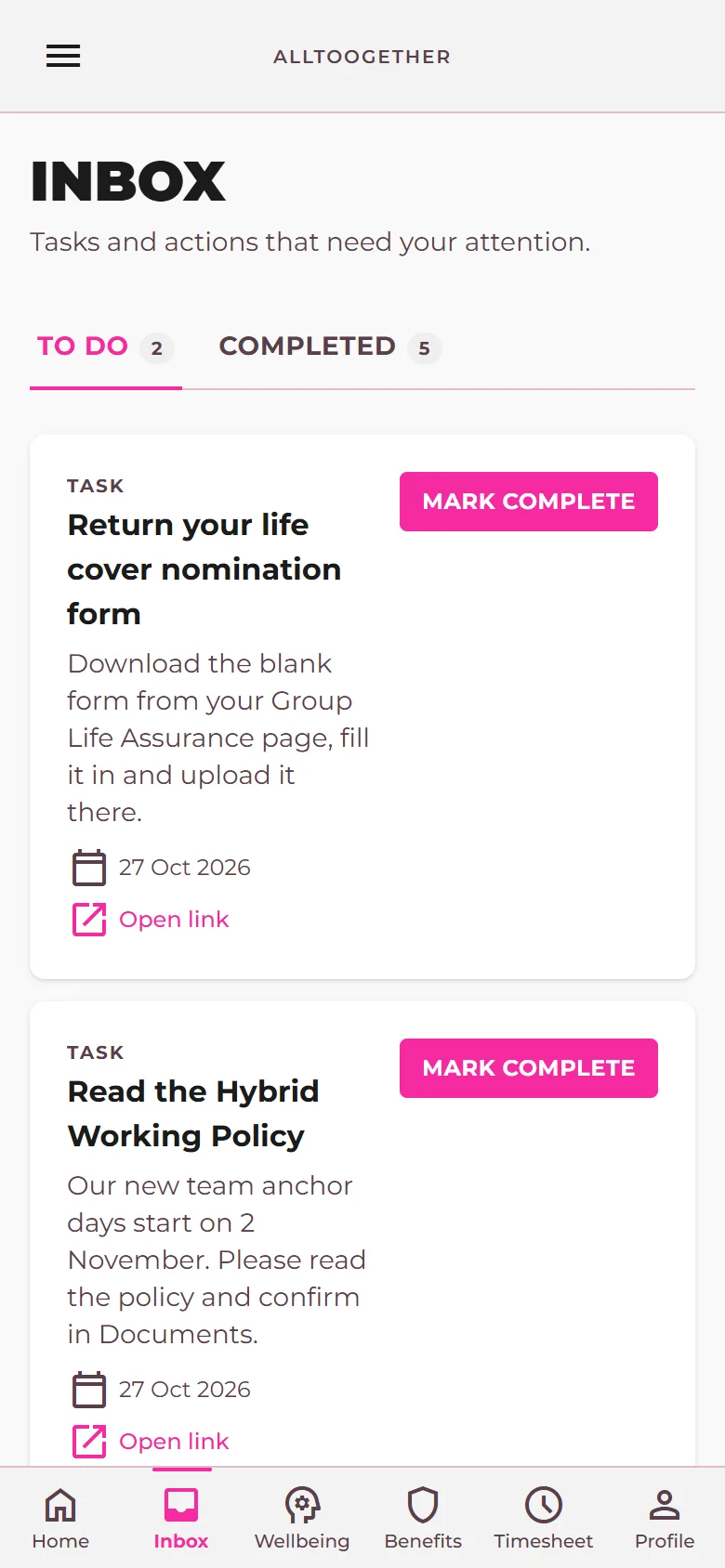 The inbox with two tasks from HR waiting