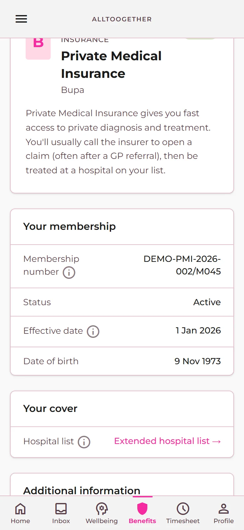 A private medical benefit page with the link to its hospital list