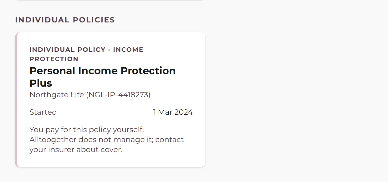 An individual policy shown on an employee's Benefits page