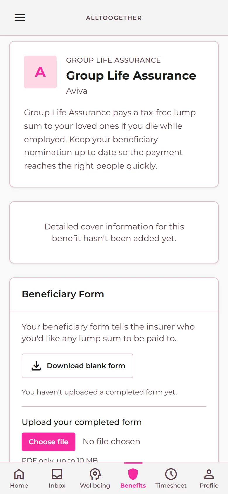A life cover benefit page with the nomination form to download and return