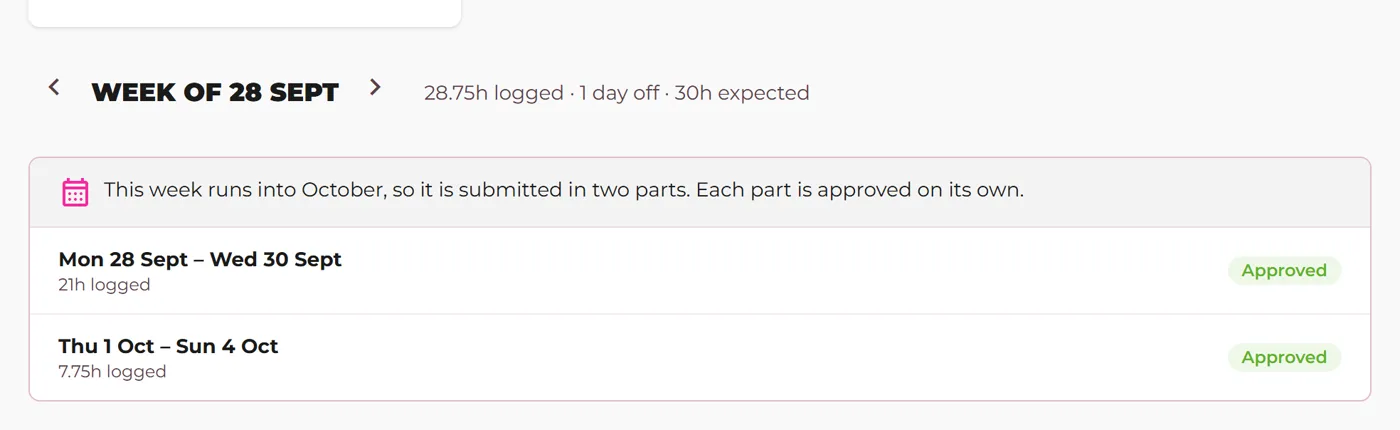 A timesheet week shown in two parts either side of the month end