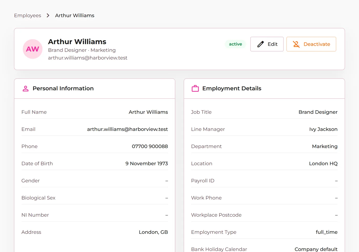 An employee record in the admin portal with its line manager set