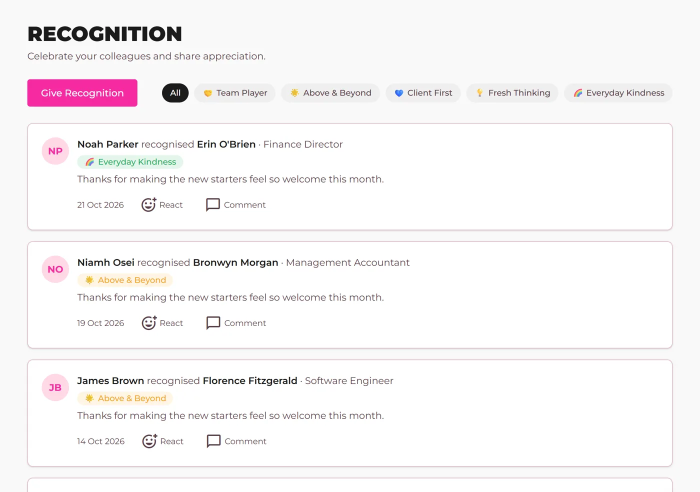 A recognition feed with thanks tagged to company values