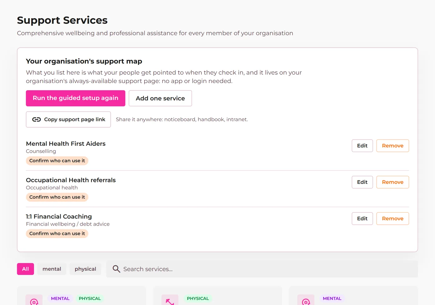 The support map with insured services and the company's own services