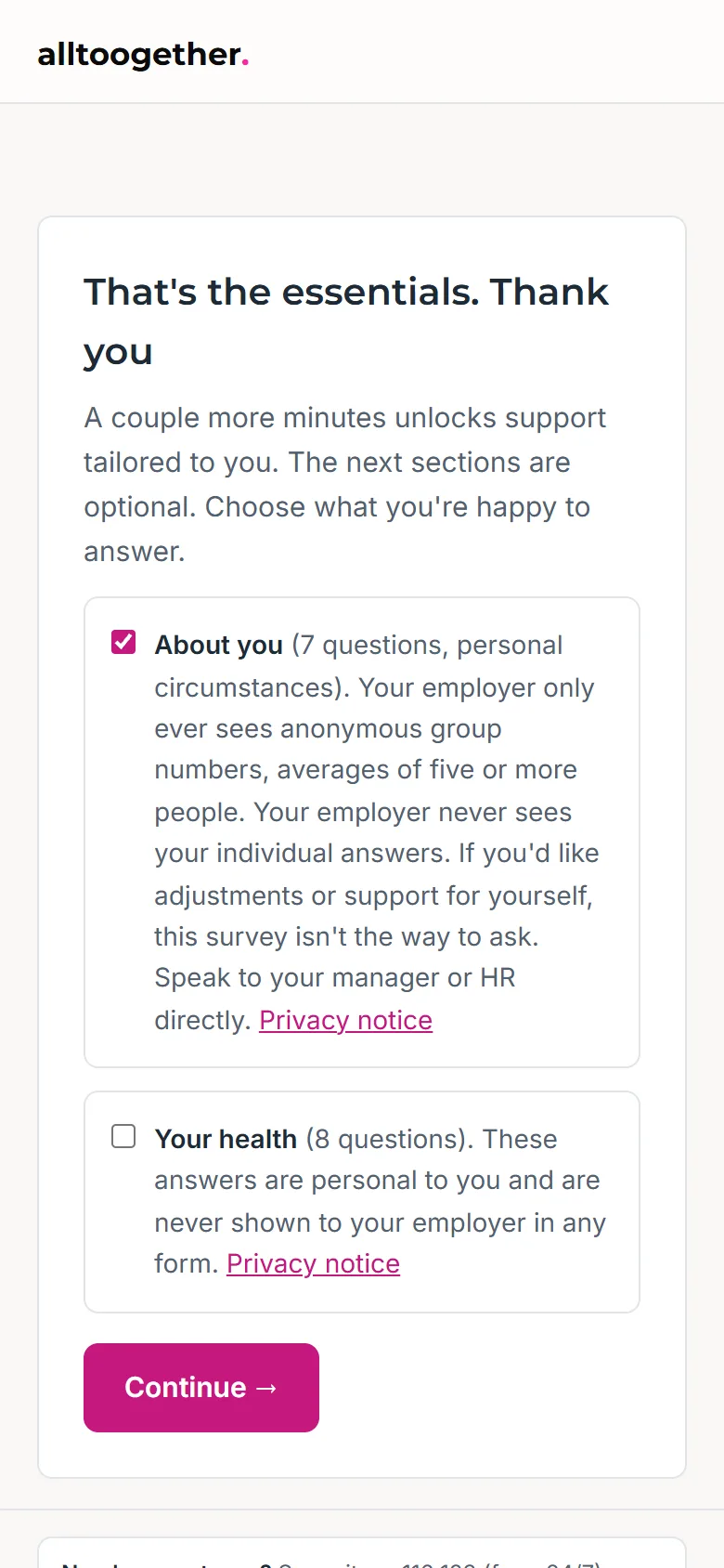 An employee reads the consent for an optional section of the welcome survey