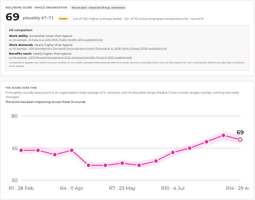The organisation wellbeing score with its plausible range, a UK comparison with sources, and the score over fourteen fortnightly rounds